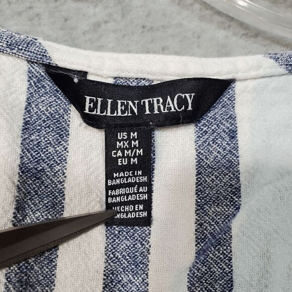 Ellen Tracy Top Womens Medium White Blue Striped Linen Blend Roll Tunic 1/4 Zip - Picture 3 of 9